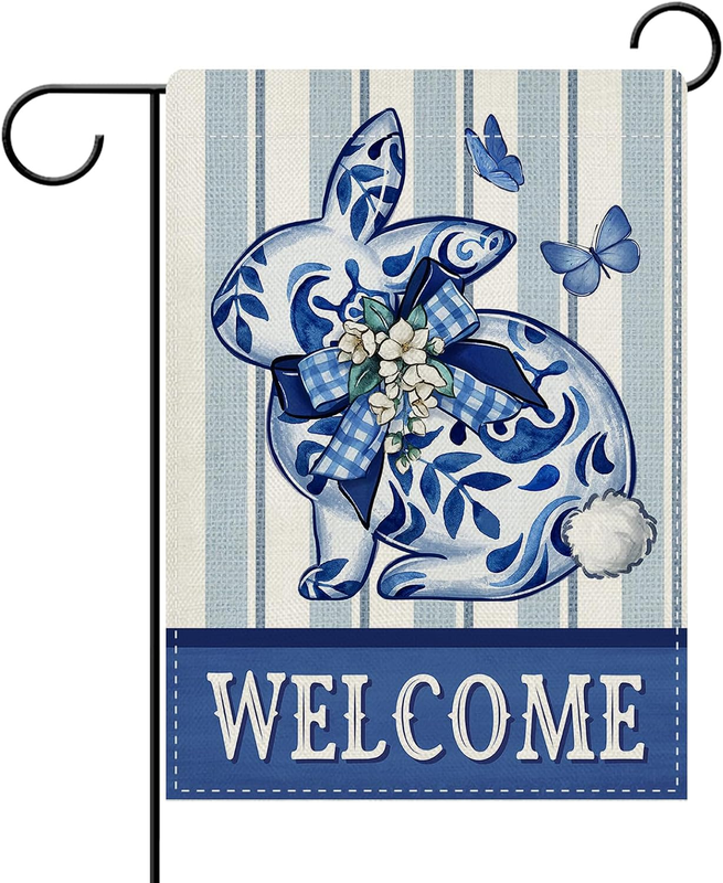 Welcome Easter Chinoiserie Bunny Decorative Garden Flag, Blue and White Porcelai