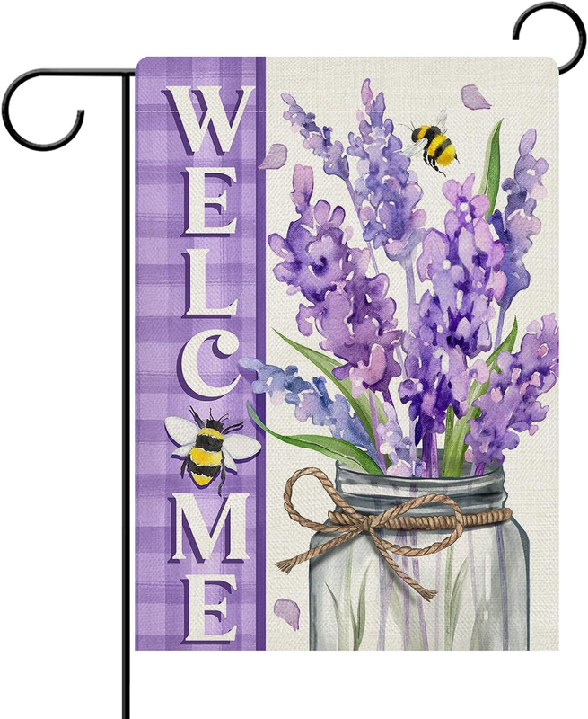 Welcome Spring Summer Lavender Flower Decorative Garden Flag, Purple Floral Maso