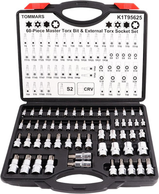 TOMMARS 60-Pc Master Torx Bit Socket and External Socket Set 1/4'', 3/8'', 1/2'' S2