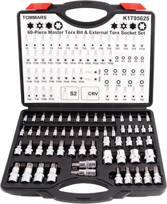 TOMMARS 60-Pc Master Torx Bit Socket and External Set 1/4'', 60-Piece 