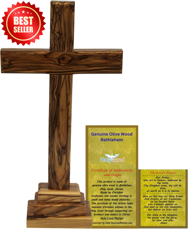Large Olive Wood Cross Standing Table Altar Hand Carved Bethlehem 12 in US