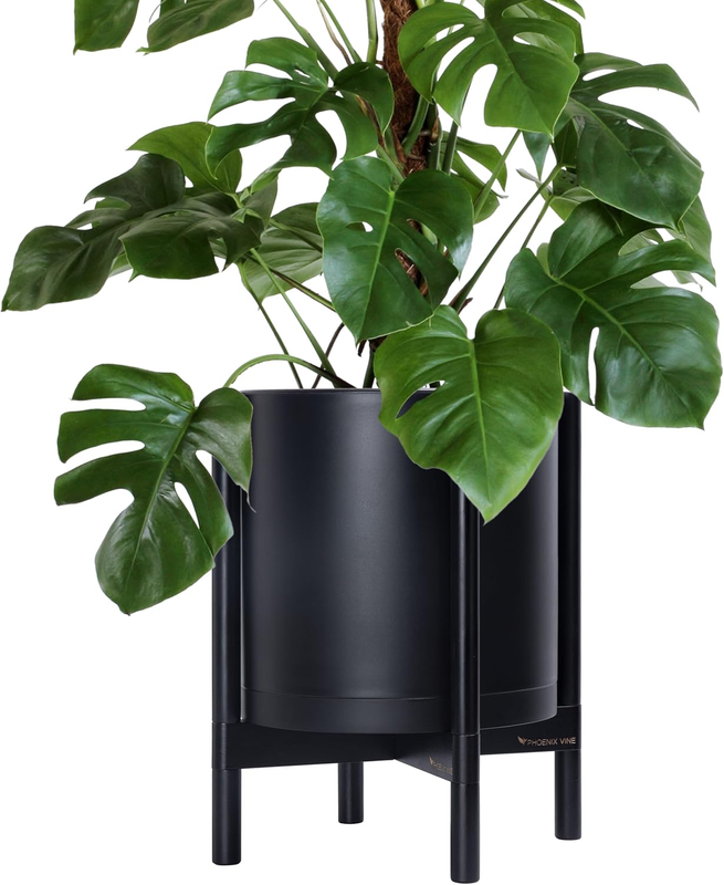 Planter Pot with Stand - 14 Inch Plastic Cylinder Flower Pot with Wood Planter Holder for Indoor, Matte Black Pot + Ebony Stand, 55-C-T-2