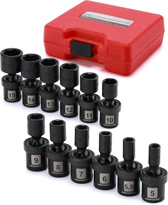 12 Pieces 1/4'' Drive Metric Shallow Universal Impact Socket Set 5mm - 15mm