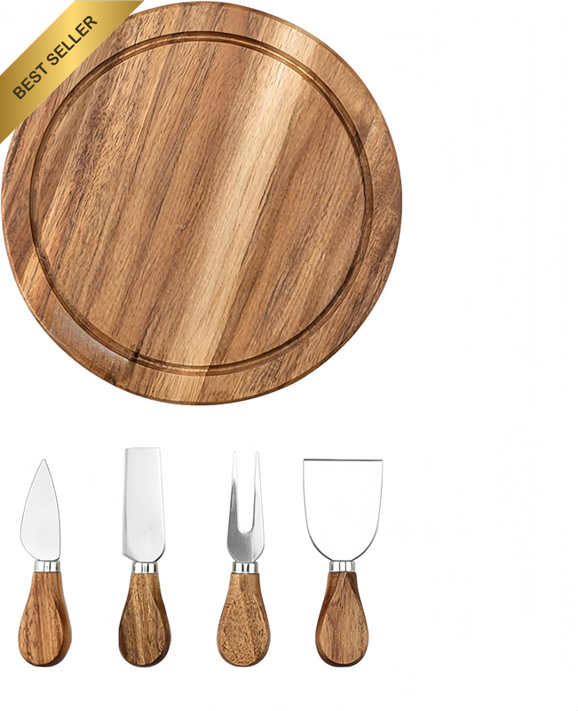 Round Acacia Wood Charcuterie Cheese Board Set with 4-Piece Tools | Smooth Acaci