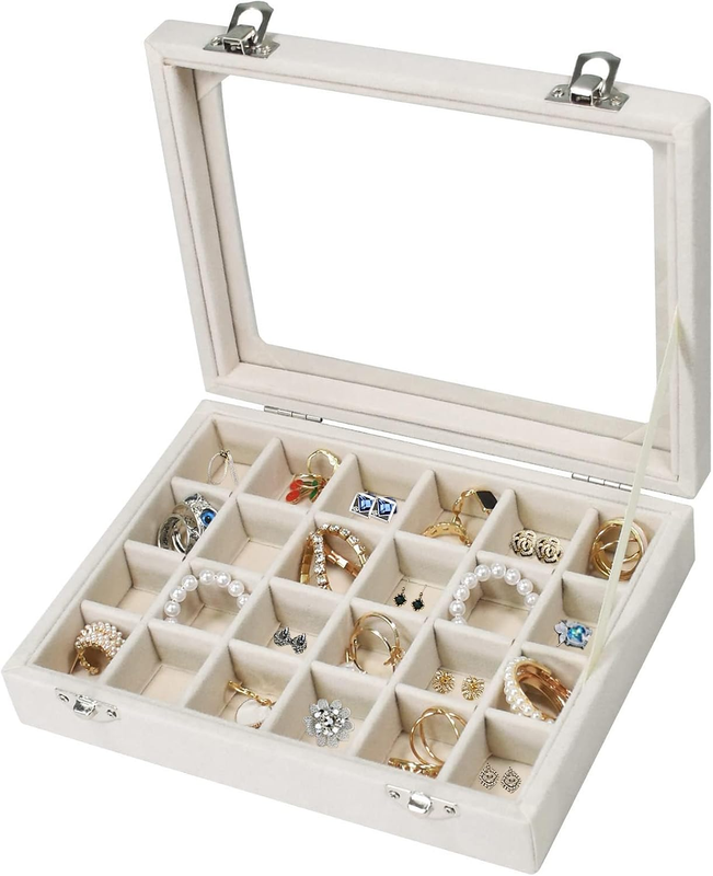 24 Grid Velvet Jewelry Box – Detachable Jewelry Tray with Clear Glass Lid, Ring