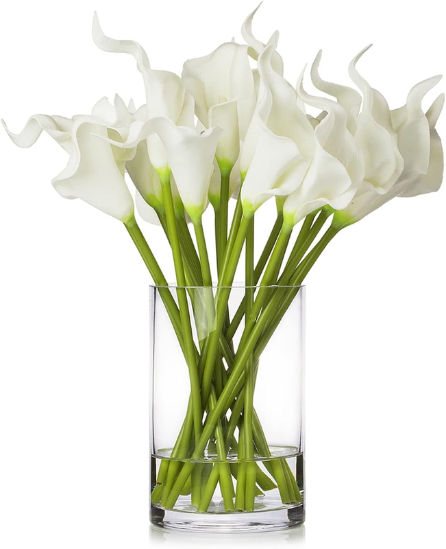 20 Pieces Real Touch Lilies Artificial Flowers with Vase, Faux Calla Lily Flowers Arrangement with Faux Water in Glass Vase for Dining Table Decor, Wedding Centerpieces (White)
