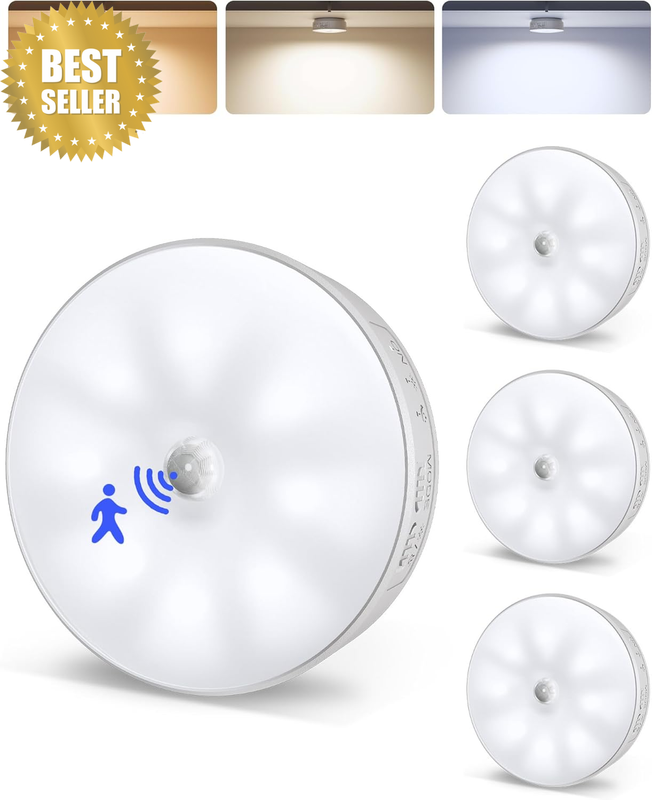 4 Pack Motion Sensor Puck Lights, 1200Mah USB-C Rechargeable LED under Cabinet L