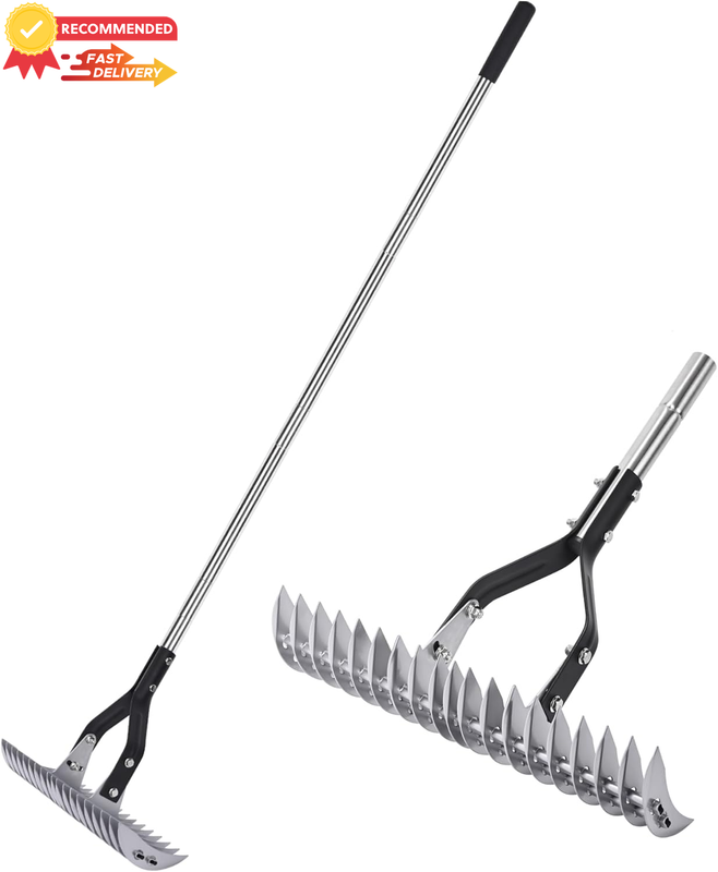15" Adjustable Thatch Rake, Lawn Aerator Tool, Remove Dead Grass & Weeds