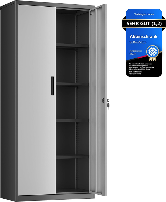 SONGMICS Aktenschrank, Doppeltüren, Schloss, 5 Ebenen, 80 X 40 X 180 Cm