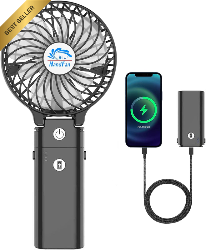 Black Portable Handheld Fan 5200mAh USB Rechargeable with 180° Foldable Handle a