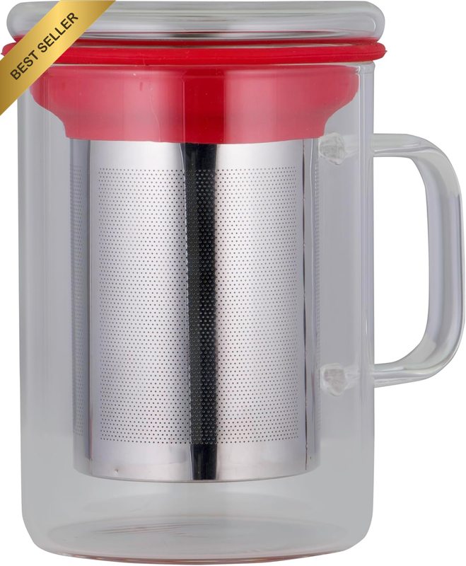 Borosilicate Glass Tea Mug with Infuser, 420Ml, Red