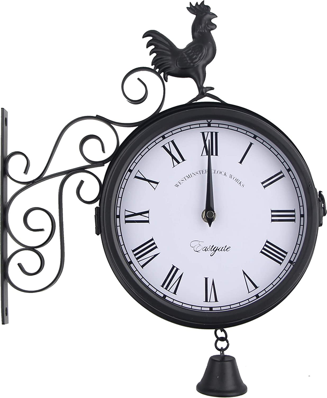 Garden Wrought Iron Wall Clock, Outdoor Double-Sided Rooster Design Wall Hanging