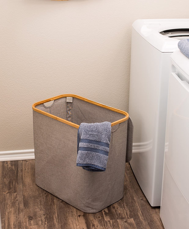 Bamboo & Canvas Hamper - Single Laundry Basket with Lid - Modern Foldable Hamper