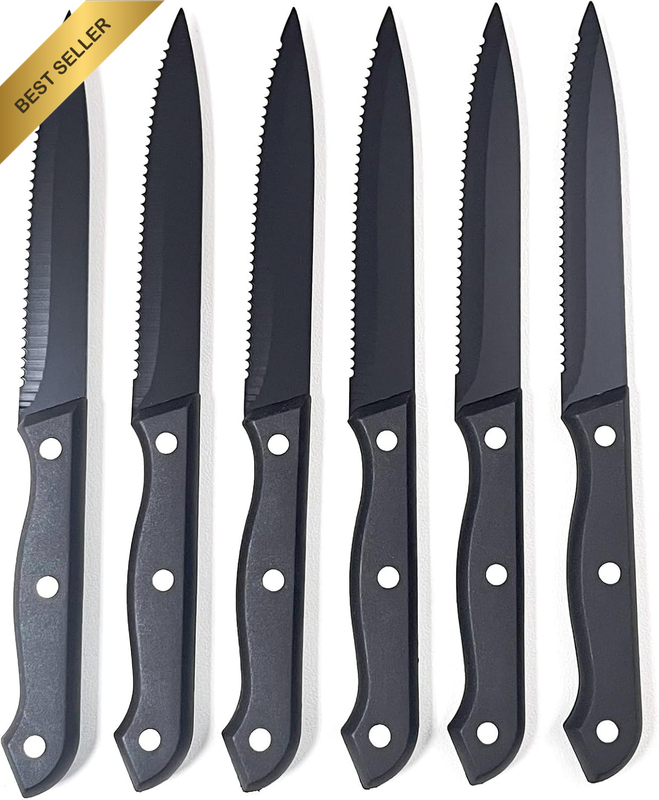 6-Piece Steak Knives Set, Premium Serrated, Black Handle, Stainless Steel Blades
