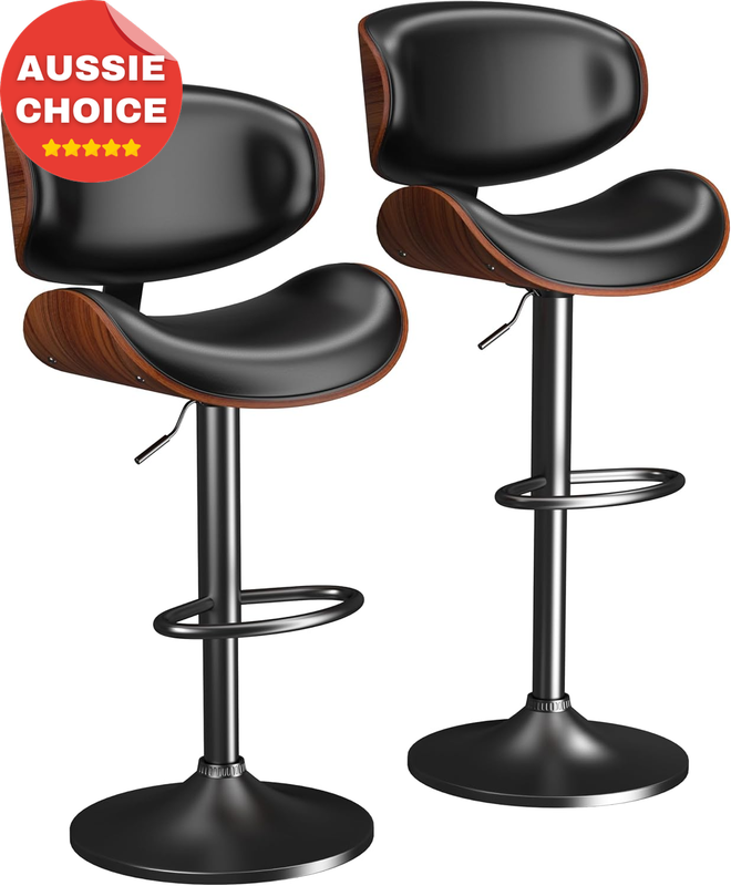 Set of 2 Black Bar Stools 30 Inch Kitchen Island Leather Seat Bentwood Back