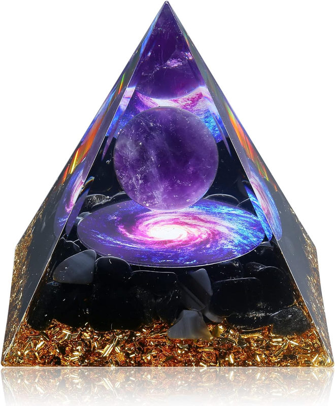 Orgone Pyramid for Positive Energy, Orgonite Amethyst&Obsidian Healing Crystal P