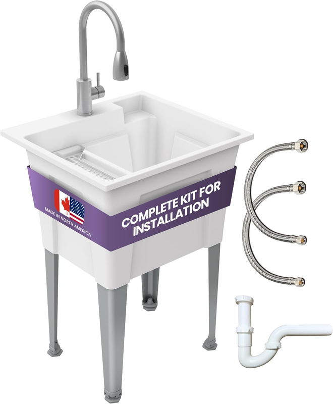 Standing Utility Sink with Steel Legs and Gooseneck Faucet – 24” Utility Sinks for Laundry Room, Garage, Garden, Basement –  Indoor and Outdoor Basement Wash Tub (WHITE)