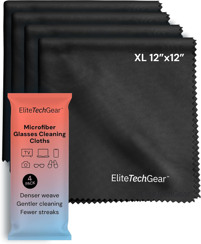 Elite Tech Gear Eyeglass Cleaning Cloth, 4-Pack Black, 12X12 Glasses Cloth