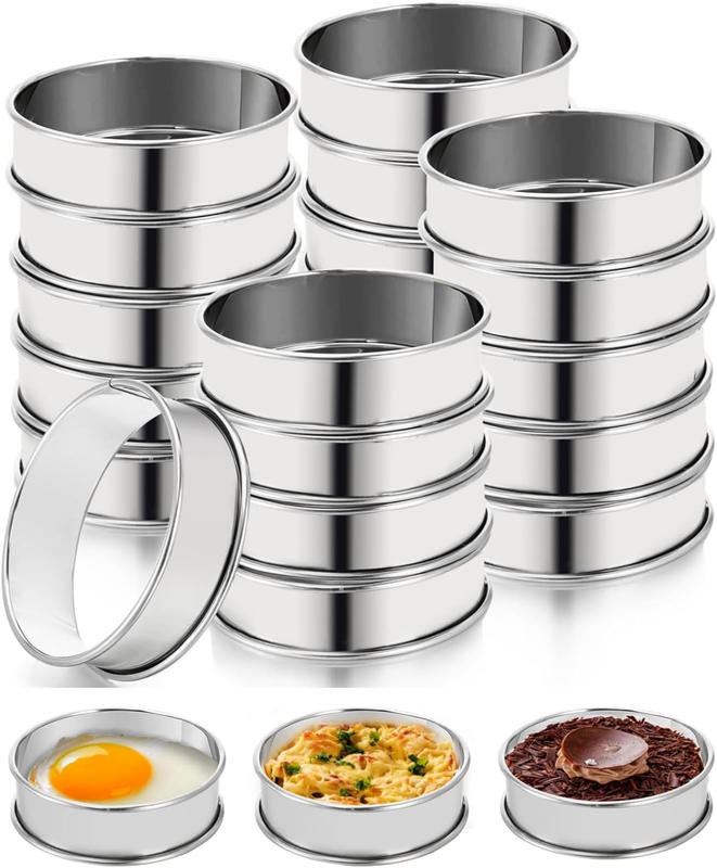 20 Pieces English Muffin Rings, Stainless Steel Crumpet Rings, 3 Inch Double Rol