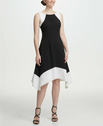 DKNY Womens A-Line Dress Black White Sleeveless Colorblock