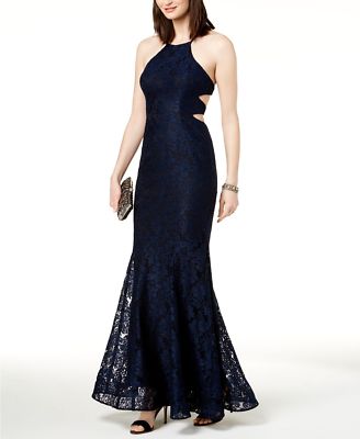 $480 Xscape Women'S Navy Blue Strap-Back Floral Lace Halter Gown Dress Size 4