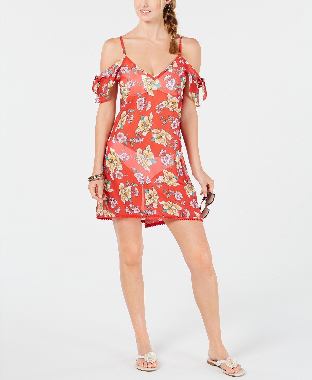 Miken 260980 Women's Juniors' Printed Cold-Shoulder Cover-Up Swimsuit Size M