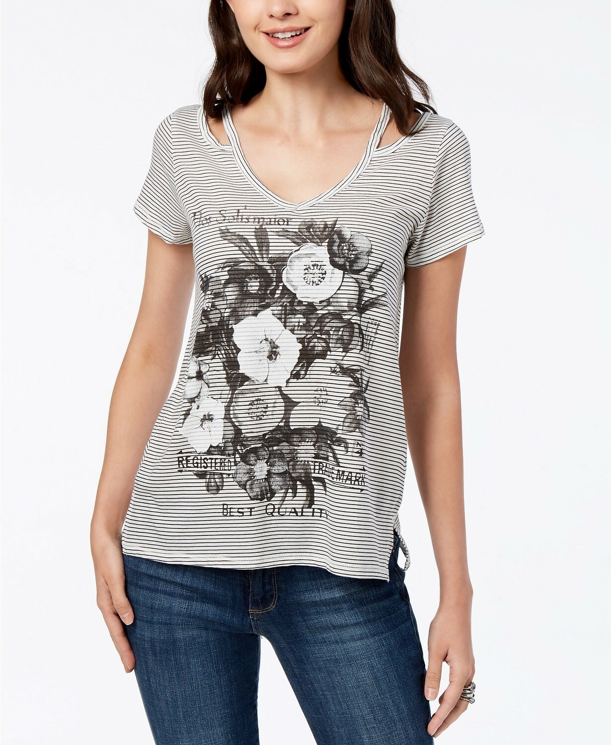 Lucky Brand 150969 Women's Printed Cutout Graphics V-Neck Tee White Sz. Small
