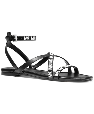MICHAEL KORS Tasha Flat Sandal Black w White Logo Leather