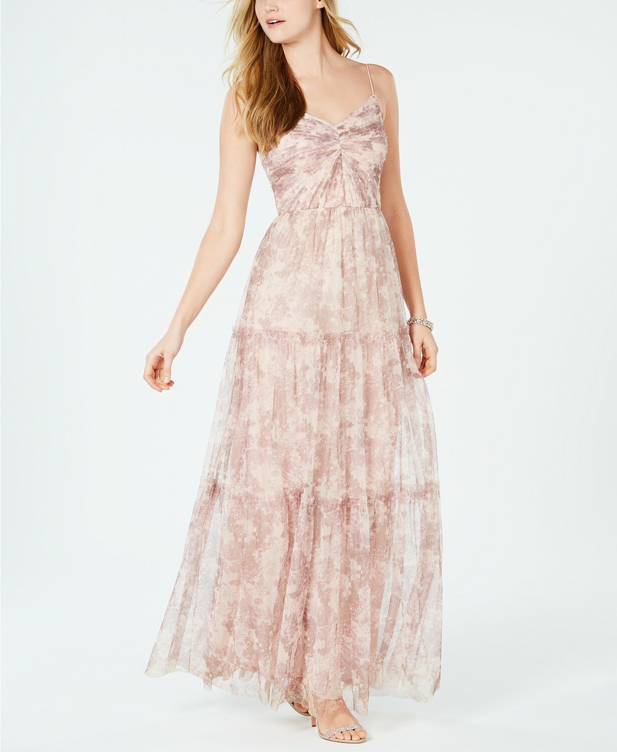 adrianna papell printed ruched chiffon gown