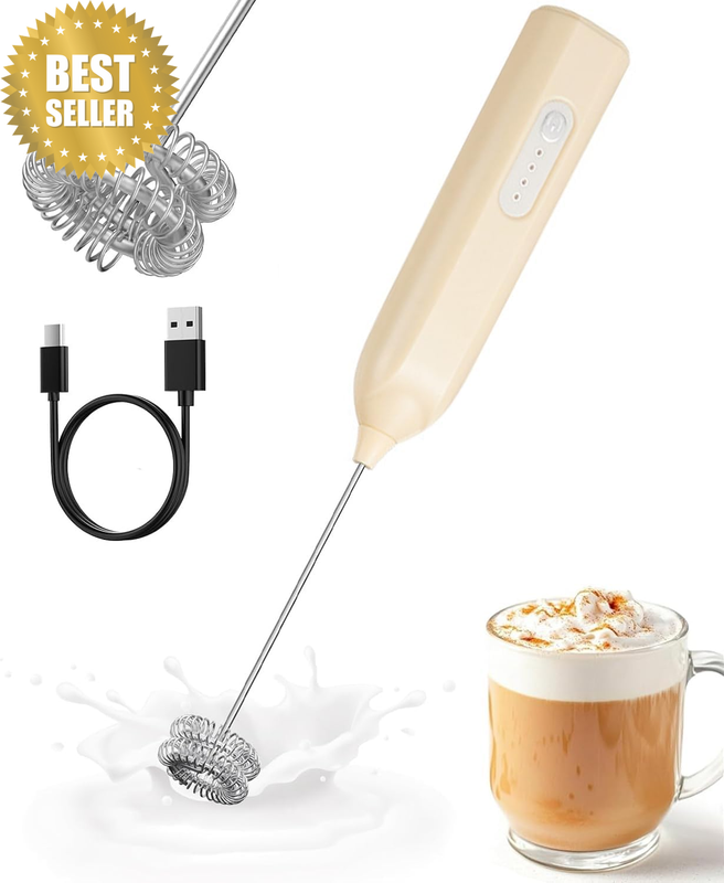 Electric Milk Frother Handheld, 3-Speed Rechargeable Drink Mixer with USB-C, Dua