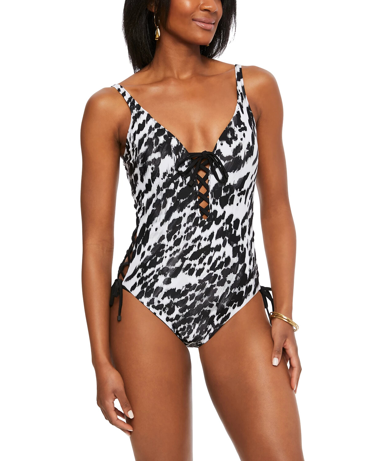 【Paradis】アワーグラス・スイムウェア ワイン Mサイズ NWT Bar III Black Heat Wave Lace Up One Piece Swimsuit
