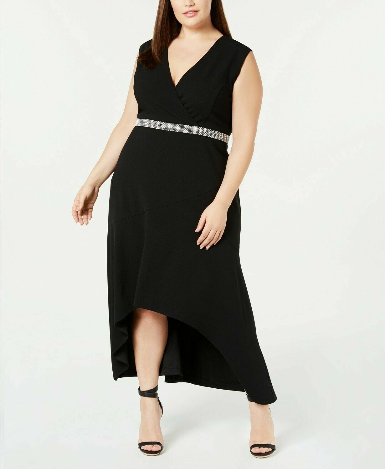 

Calvin Klein Платье макси хай-лоу без рукавов NWT BLACK с отделкой и V-образным вырезом 14W, Черный