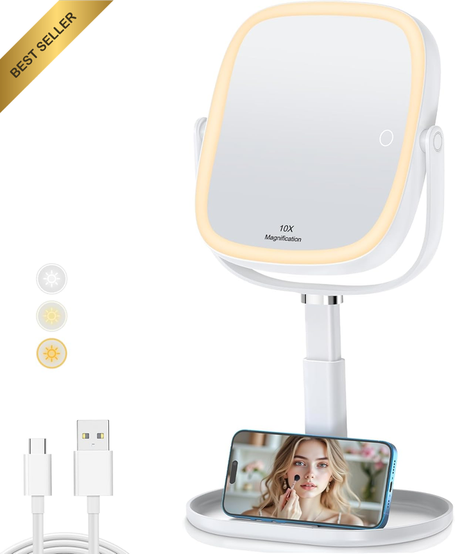 64 LED Makeup Mirror with Phone Holder,3000Mah Rechargeable 10X Magnifying Vanit