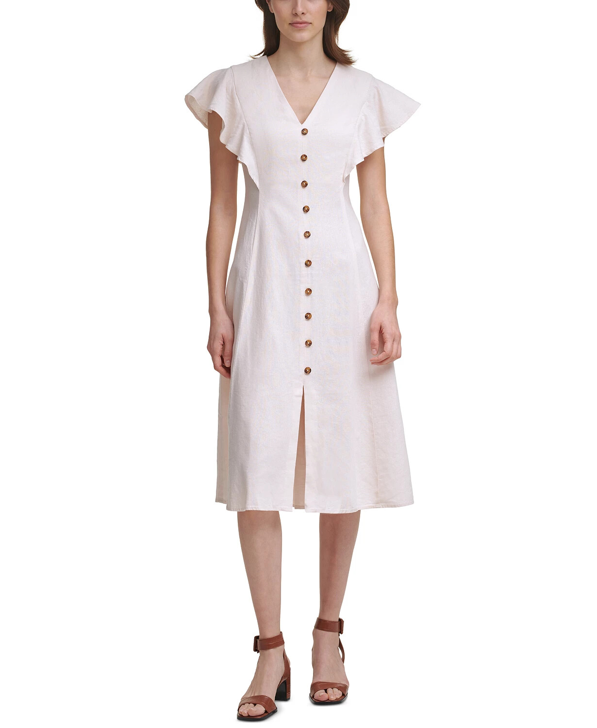 Льняное миди-платье Calvin Klein NWT BLOSSOM с V-образным вырезом и развевающимися рукавами, размер 8