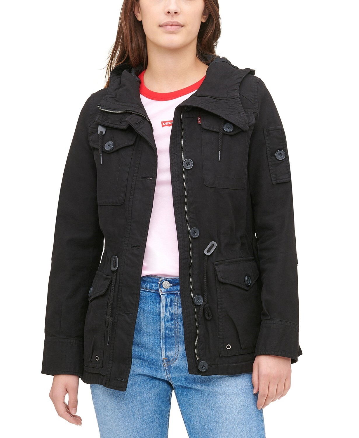 Levi's 257993 Womens Hooded Military Jacket Solid Black Size Large
