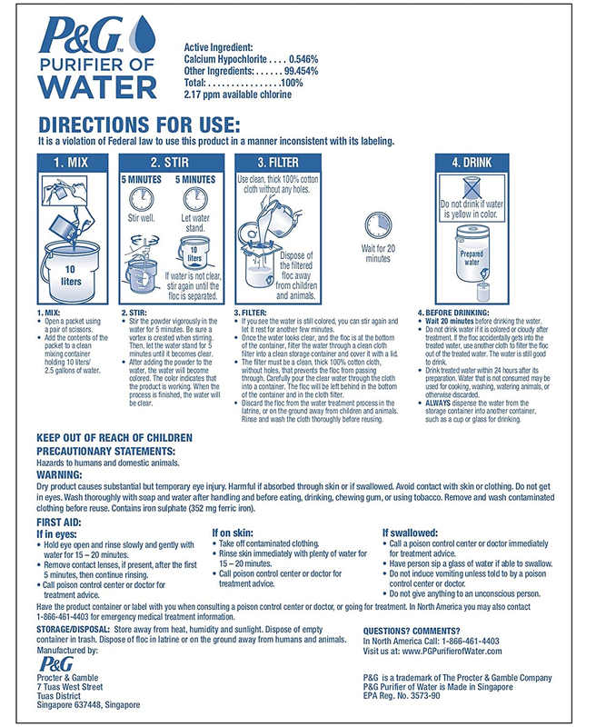 P&G Purifier of Water Portable Water Purifier Packets. Emergency Water Filter P