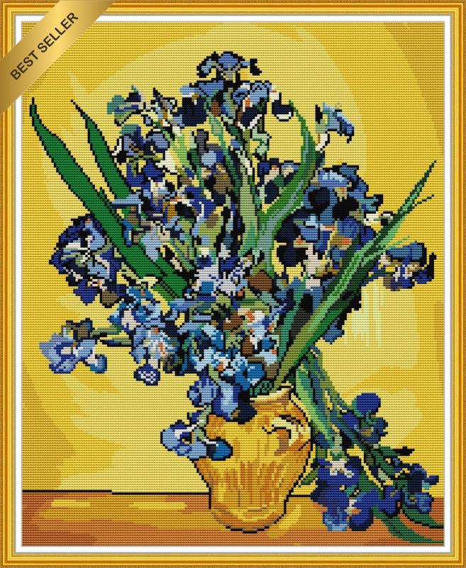 14 Count Stamped Cross Stitch Kits for Beginners Adults, Still Life Iris of Van