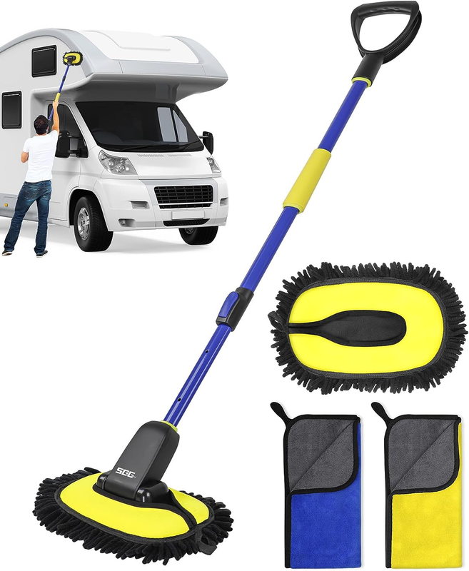 Car Wash Brush Mop Kit Extendable with Long Handle, Detachable Pole, D Shaped Gr