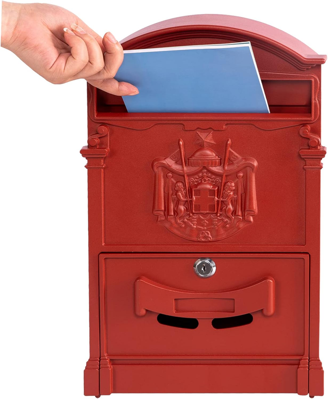 Wall Mount Mailboxes, Rust Resistant Locking Wall Mailbox for Outside, Galvanized Steel and Aluminum Stamping Process, Vintage Mailbox with Key Lock Large Capacity Outdoor Decoration, Red