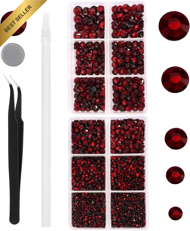 6616PCS Dark Red Hotfix Rhinestone Nail Charm Set SS6–SS30 Glass Crystal Flat Ba
