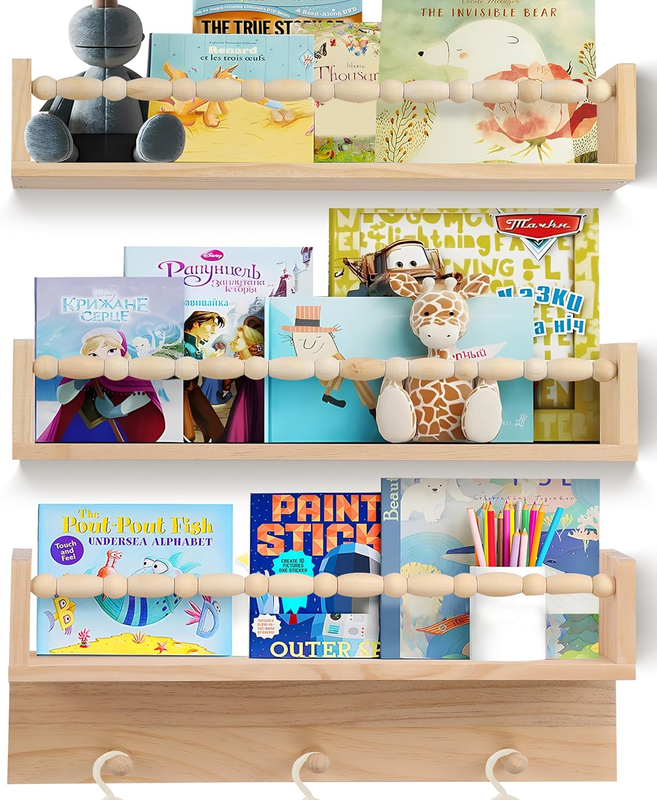 Nursery Book Shelves with Beads Set of 3,Nursery Shelves for Bookshelf Wall,Wall