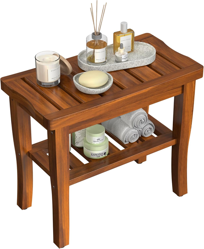 Teak Wood Shower Bench Stool with Storage Shelf, Wooden Waterproof Bathroom Spa Bathing Teak Shower Stool with Non-Slip Feet Gadget 2024 for Indoor or Outdoor Shower Chair Seat Organizer