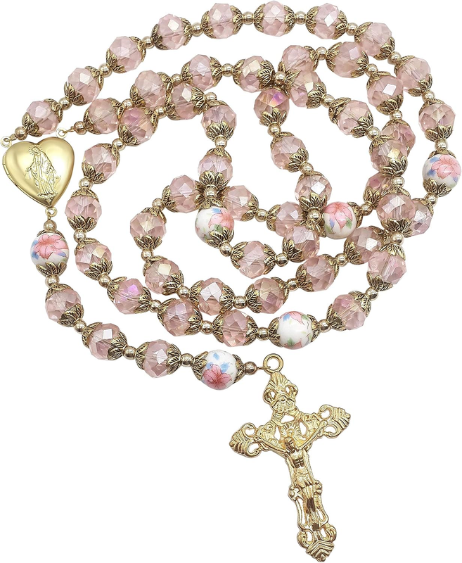 Nazareth Store Catholic Pink Crystal Beads Gold Rosary Flowers Beaded Necklace H