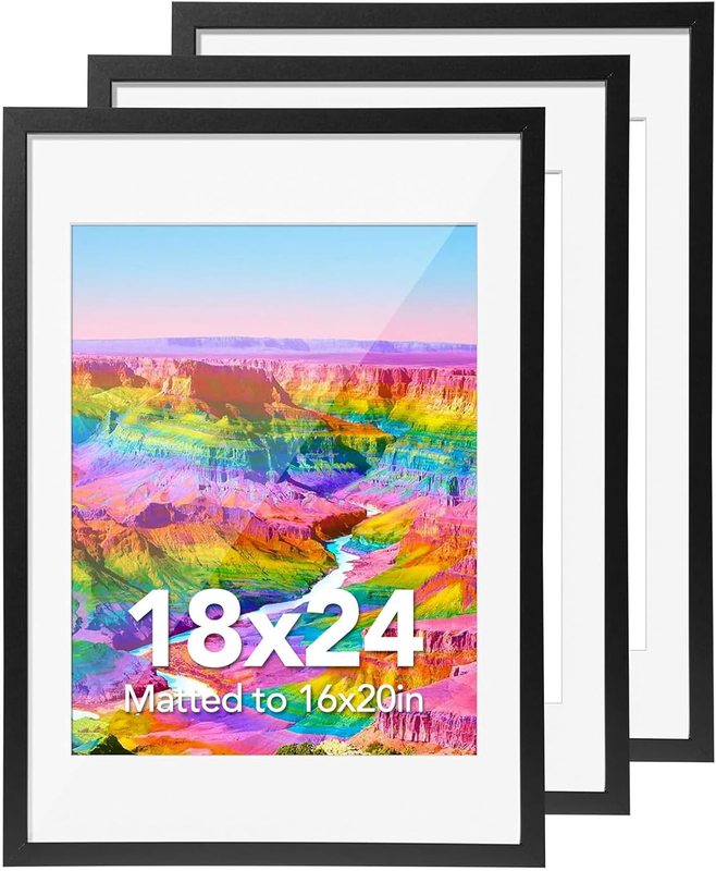 Black 18x24 Poster Frame Set of 3 - Wall Mount Collage Frames with Mat