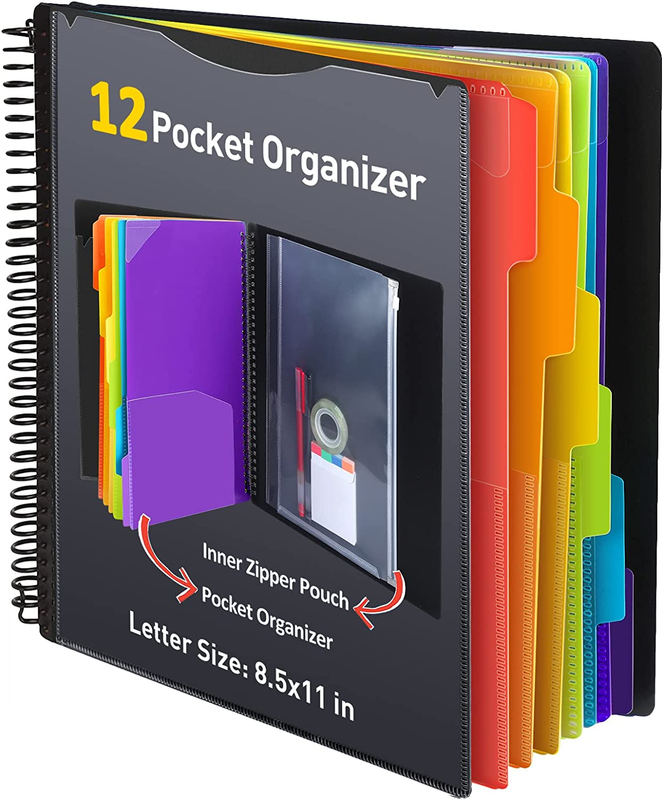 Plastic folders with Pockets, 12 Colors Multi Pocket Folder Binder 24 Pocket