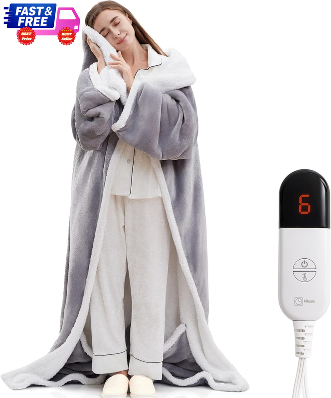 Electric Flannel Heated Throw Blanket w/ Sleeves Foot Pocket 7 Heat Levels Auto-