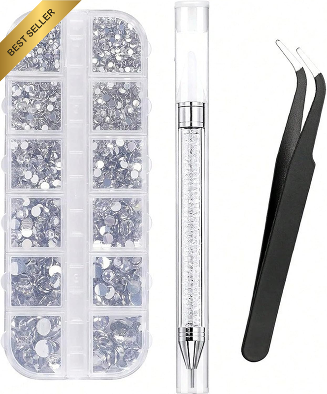2000 Pieces Rhinestones Bedazzling Kit, Flat Back round Crystal Nail Gems in 6 S