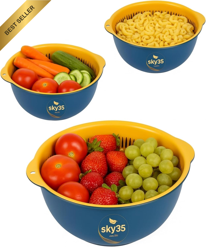 6 Piece Mixing Bowl and Colander Set – Nesting Strainer Bowls for Pasta, Salad,