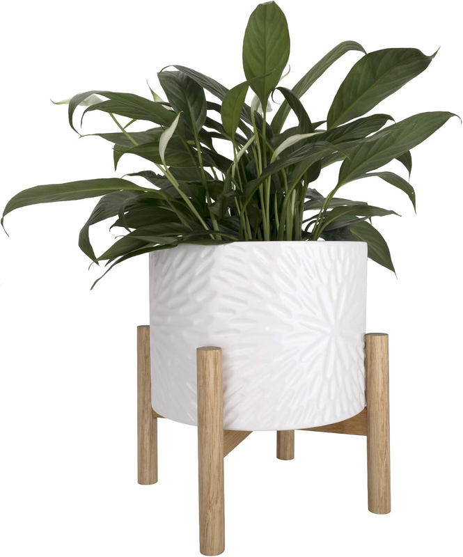 White Planter with Stand,Mid Century Planters for Indoor Plants,Ceramic Plant Po
