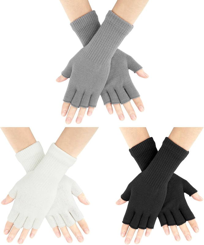 3 Pair Fingerless Gloves for Women Half Finger Gloves Winter Stretchy Knit Finge